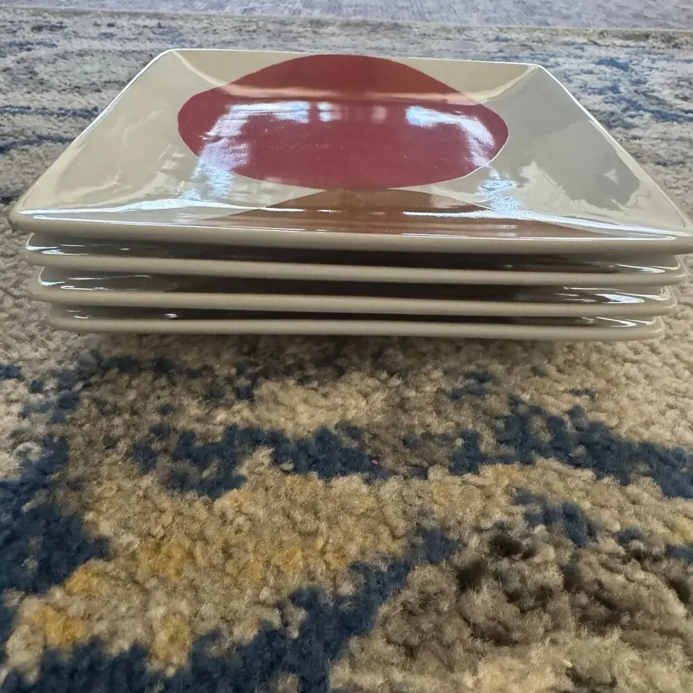 West Elm Luli Sanchez Abstract Circle 8” Square Plates Set of 4 Pink Brown